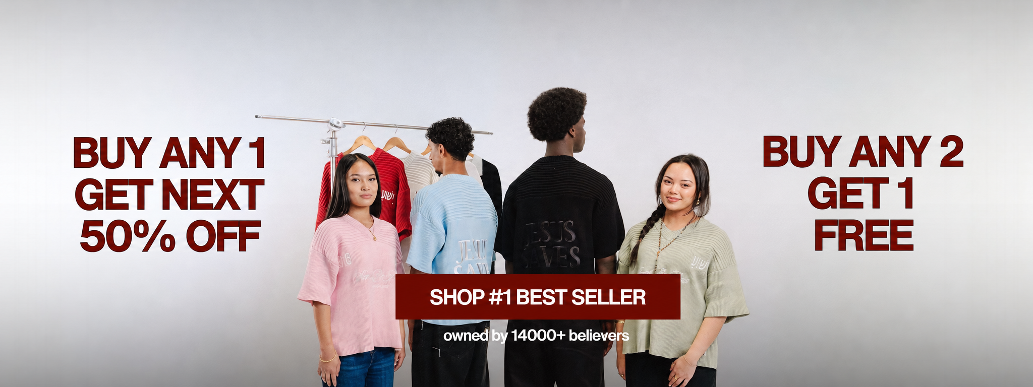 Buy any 1, get next 50% off. Buy any 2, get 1 free. Mix and match any knitwear.