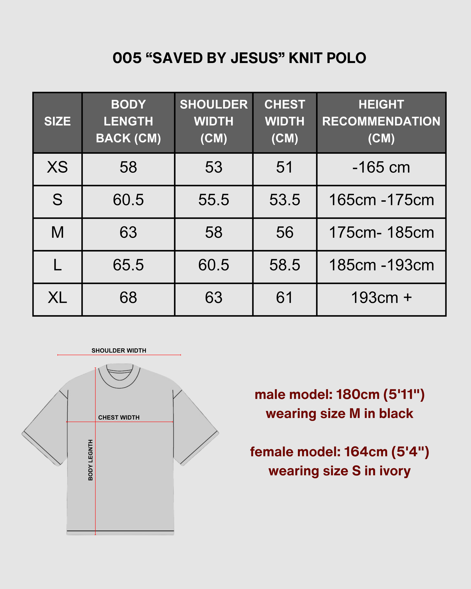 "SAVED BY JESUS" - BLACK KNIT POLO size chart