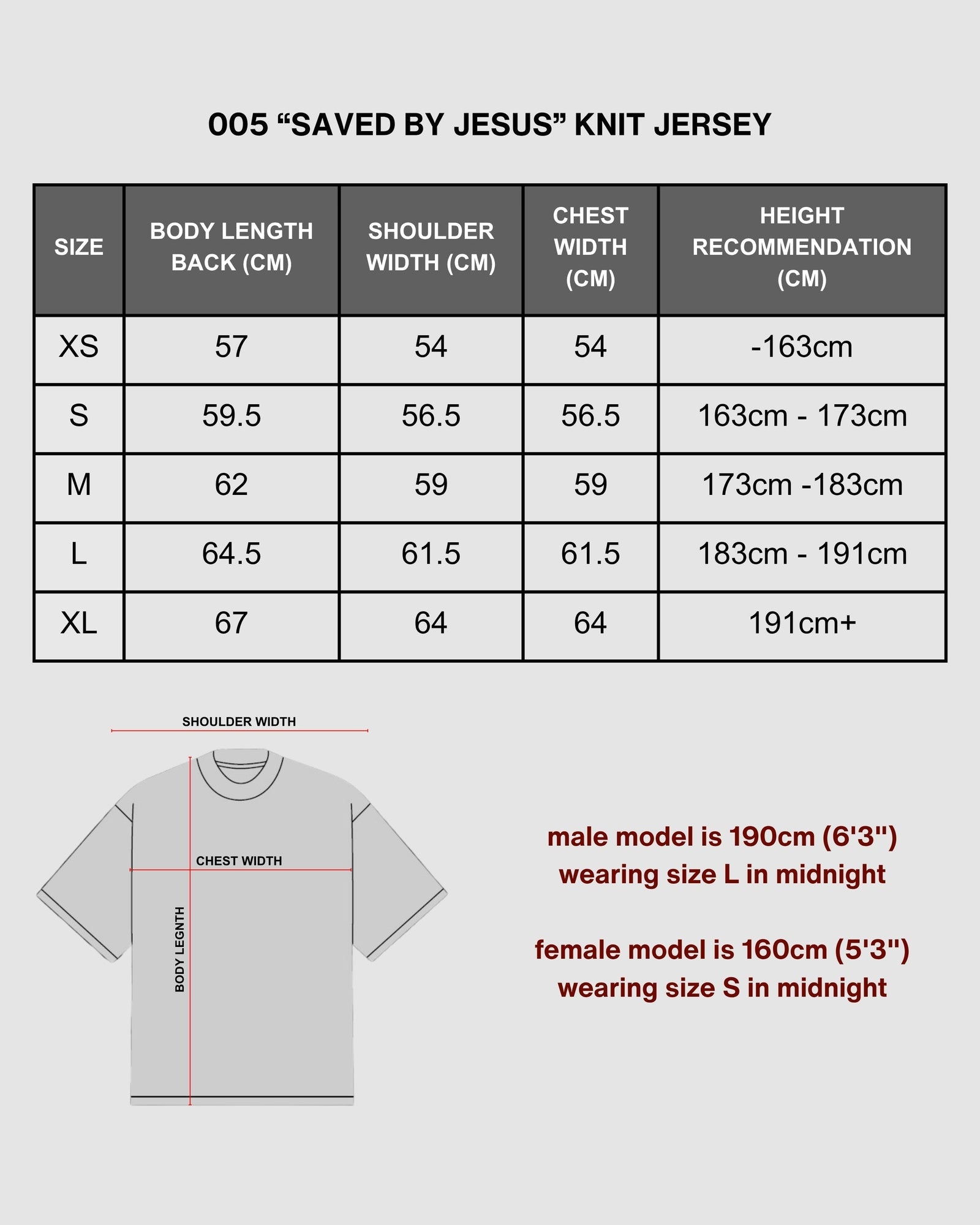 "SAVED BY JESUS" - MIDNIGHT KNIT JERSEY size chart